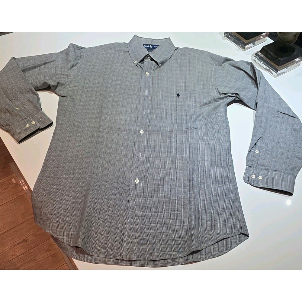 Ralph Lauren Yarmouth Men's 16.5 32/33 Gray White Plaid 100% Cotton Shirt